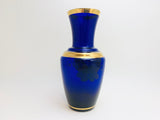 Vintage Bohemian Czech Cobalt Glass Gilt Vase with Enamel Flowers