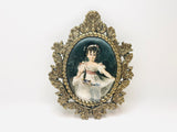 1960’s Italian Ornate Small Oval Brass Framed Silk Print of Anna Murray by Thomas Lawrence