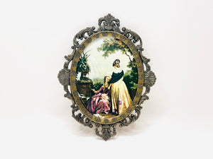 1960’s Italian Ornate Small Oval Brass Framed Print, The Reading by Jean Baptiste Hilaire