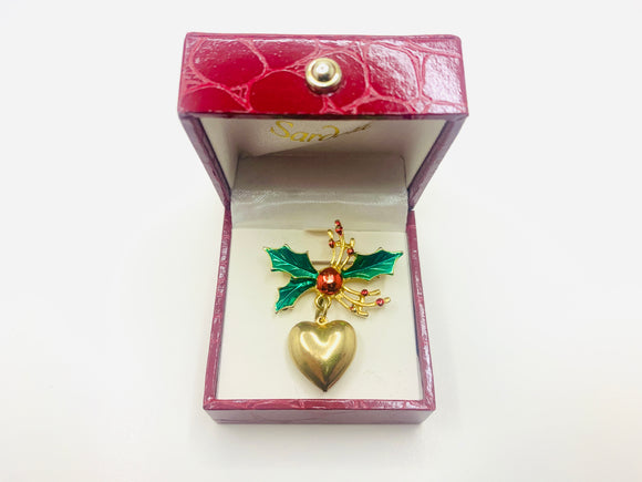 Vintage Christmas Holly Heart Brooch