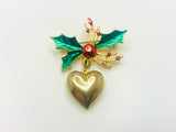 Vintage Christmas Holly Heart Brooch