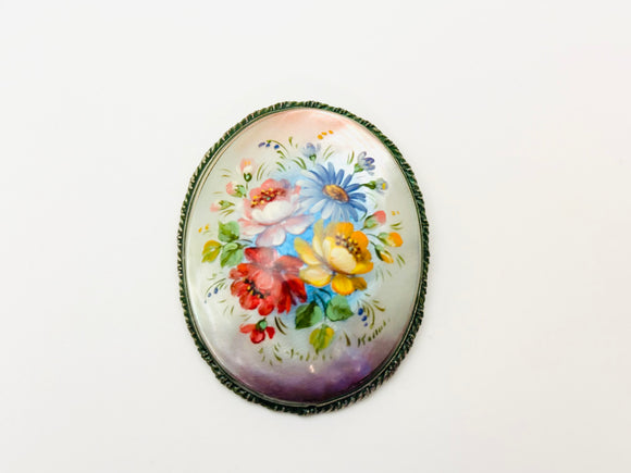 Vintage Abalone Floral Painted Brooch Pin