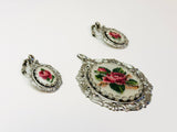 Vintage Petit Point Rose Pendant and Clip On Earrings Set