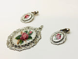 Vintage Petit Point Rose Pendant and Clip On Earrings Set