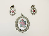 Vintage Petit Point Rose Pendant and Clip On Earrings Set