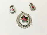 Vintage Petit Point Rose Pendant and Clip On Earrings Set