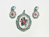 Vintage Petit Point Rose Pendant and Clip On Earrings Set