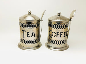 Vintage Silver Plated Tea and Coffee Canisters with Plastic Cobalt Inserts