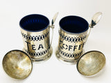 Vintage Silver Plated Tea and Coffee Canisters with Plastic Cobalt Inserts