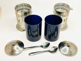 Vintage Silver Plated Tea and Coffee Canisters with Plastic Cobalt Inserts