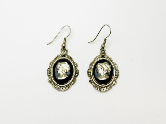 Vintage Cameo Metal Enamel Dangle Earrings for Pierced Ears