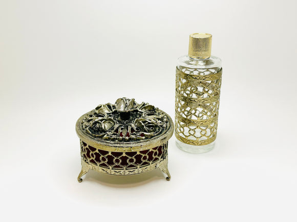 Vintage Filigree Dresser Set, Jewelry Box and Perfume Bottle