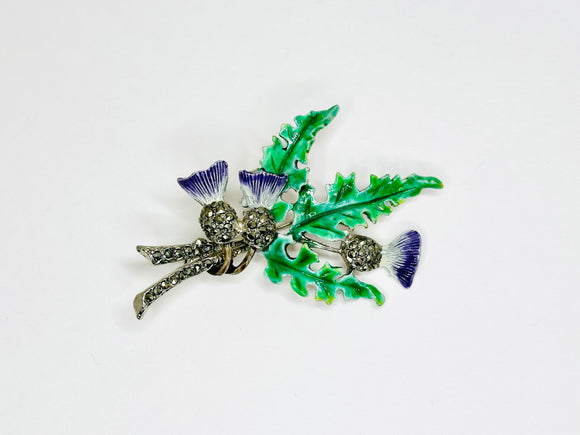 Vintage 1940's Enamelled Thistle Brooch With Marcasite Accents