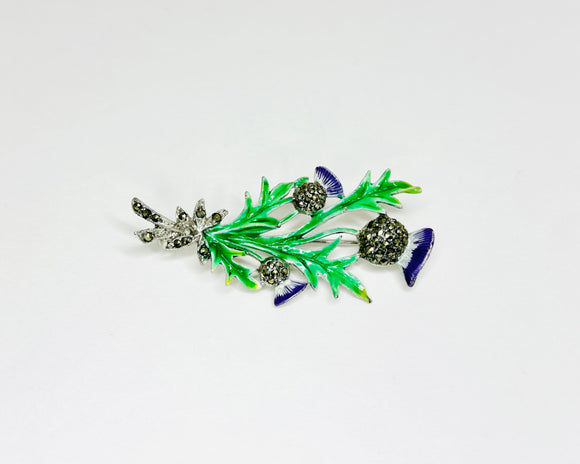 Vintage 1940's Enamelled Thistle Brooch With Marcasite Accents