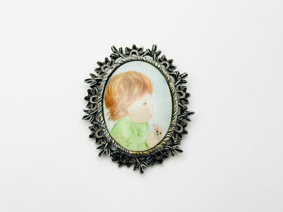 Vintage Porcelain Child Cabochon Brooch Pendant