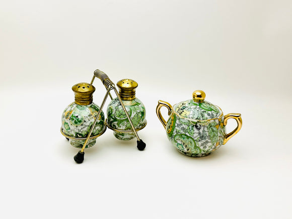 Vintage Paisley Condiment Set, Salt and Pepper Shakers with Brass Caddy and Sugar or Mustard Bowl