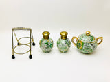 Vintage Paisley Condiment Set, Salt and Pepper Shakers with Brass Caddy and Sugar or Mustard Bowl