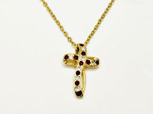 Vintage Petite JTC 95 Gold Filled Red Clear Crystal Cross Pendant on a Thin Gold Toned Metal Chain
