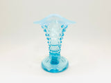 Vintage Blue Opalescent Hobnail Cornucopia Candle Holder or Vase, Fenton Art Glass, USA