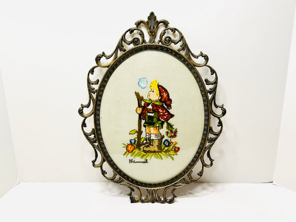 Vintage Hummel Needlepoint in Large Ornate Brass Frame, Convex Glass