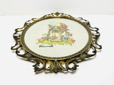 Vintage Hummel Needlepoint in Large Ornate Brass Frame, Convex Glass