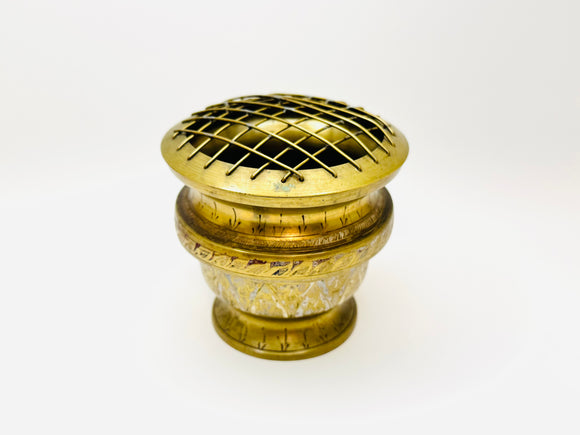 Vintage Etched Brass Pedestal Bowl Vase Flower Frog