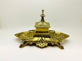 Vintage Ornate Brass Inkwell With Glass Ink Bottle