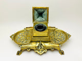 Vintage Ornate Brass Inkwell With Glass Ink Bottle