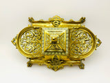Vintage Ornate Brass Inkwell With Glass Ink Bottle