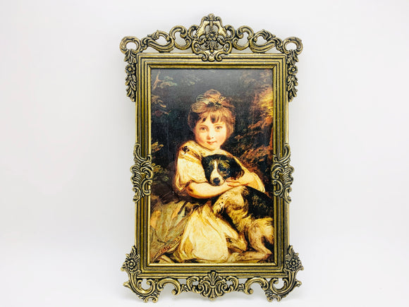 1960’s Italian Ornate Metal Framed Portrait Print of a Young Girl With her Dog