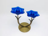 1950’s Ystad Sweden Brass Skinny Taper Candle Holders with Cobalt Glass