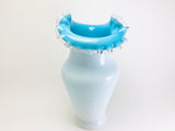 Vintage Fenton Spanish Ruffle Milk Glass and Aqua Blue Vase