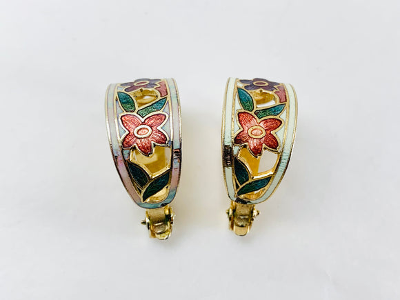 Vintage Cloisonné Floral Clip on Earrings