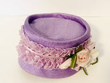 1950’s Purple Pillbox Hat with Ribbon and Pink Rose