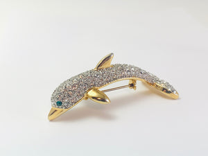 Vintage Dolphin Rhinestone Shoulder Brooch Pin