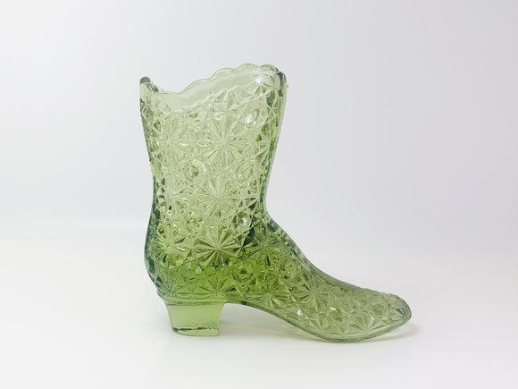 Vintage Fenton Olive Green Daisy and Button Glass Boot