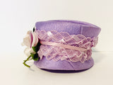 1950’s Purple Pillbox Hat with Ribbon and Pink Rose