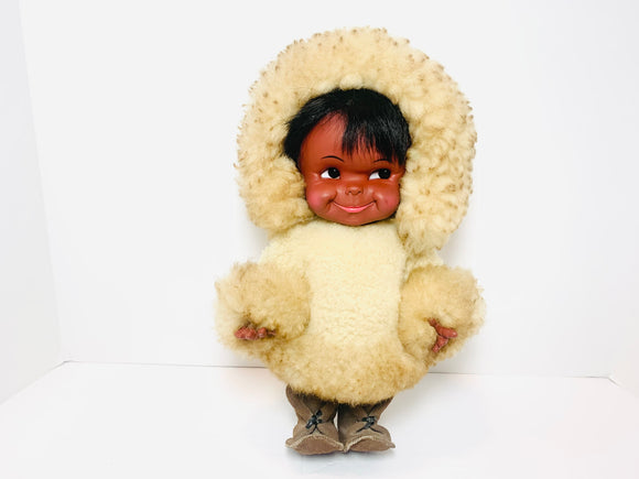 Vintage Vinyl Eskimo Doll with Real Fur Coat