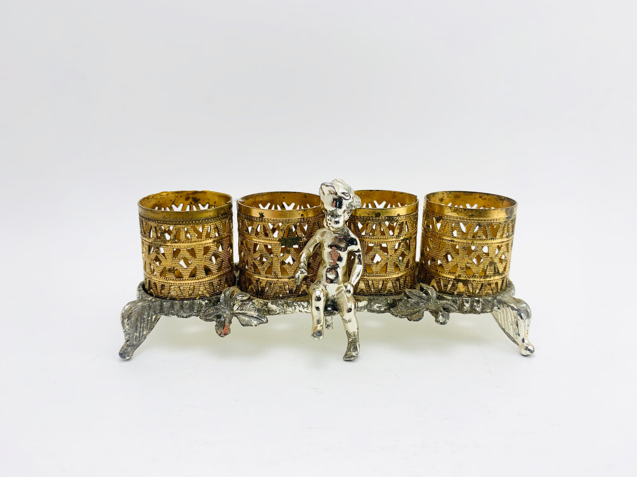 Vintage Lipstick Holder SF Cherub Filigree Footed Four Gold 