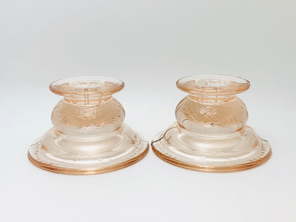 SOLD! 1930s Federal Glass Pink Depression Madrid Candlestick Holders