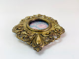 Vintage Small Italian Ornate Metal Framed Floral Print Under Convex Glass