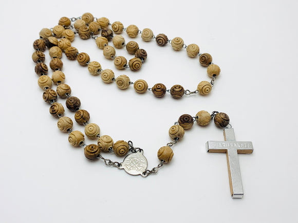 Vintage Wood Bead Wrapped Cross Jerusalem Rosary
