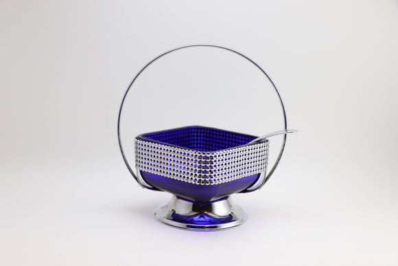 Vintage Blue Cobalt Sugar Dish with Chrome Handle and Spoon