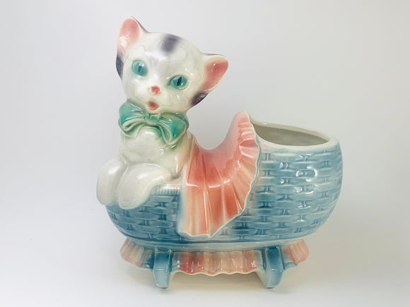 Vintage Cat in a Baby Buggy Ceramic Indoor Planter