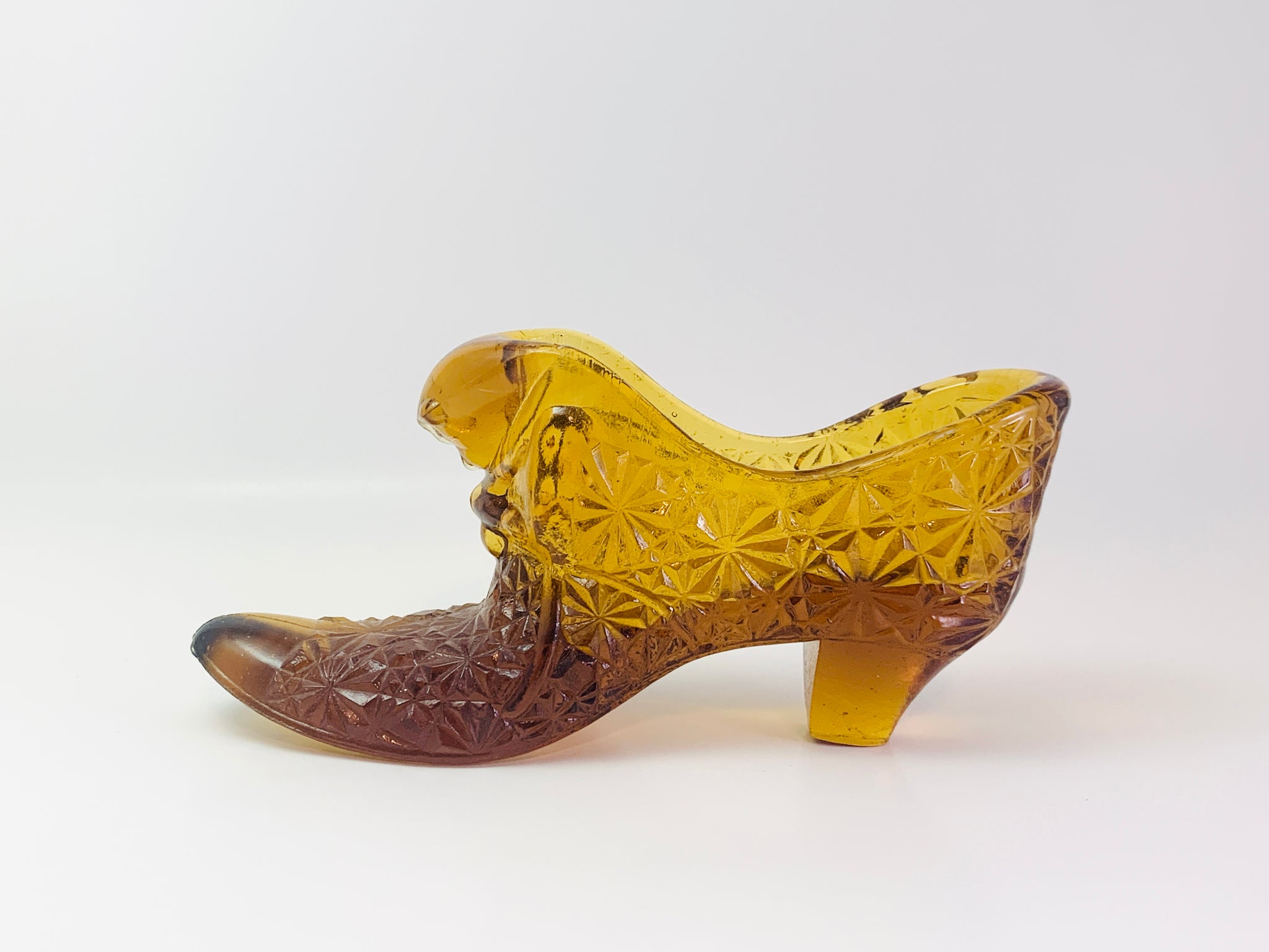 Vintage Fenton Daisy and Button Style Amber Glass Shoe