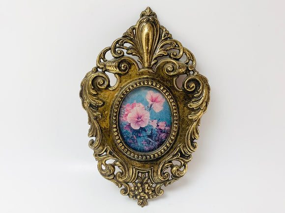 Vintage Small Italian Ornate Metal Framed Floral Print Under Convex Glass