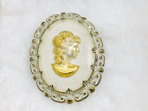 West Germany White & Gold Cabochon Cameo Brooch