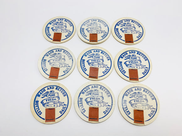 Set of 9 Vintage Milk Caps - Pure Fresh Milk, Wash and Return Bottles Daily