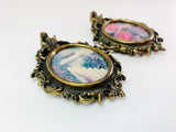 1960’s Italian Mod Dep Ornate Small Oval Framed Prints, Convex Glass