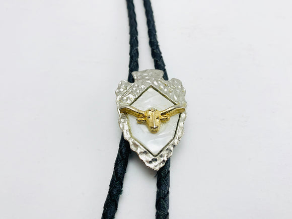 Spear Head, Mother of Pearl, Steer Head Leather Bolo Tie